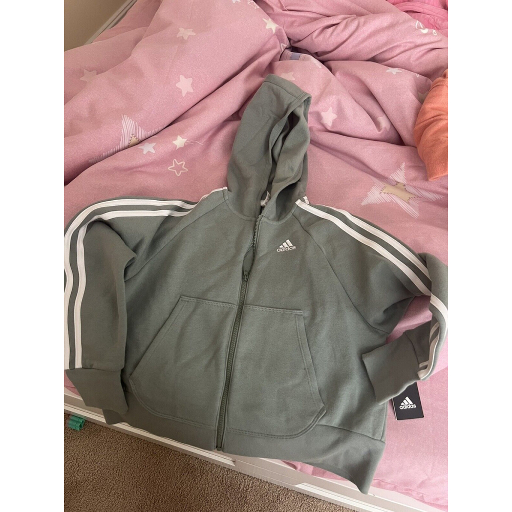 ADIDAS Essentials 3-Stripes Girls Zip-Up Hoodie green/white Medium New With Tag